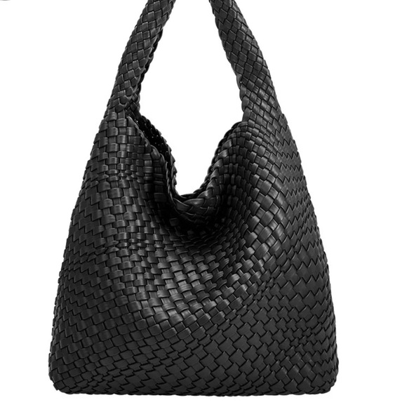 Woven Vegan Leather Black Hobo Tote Shoulder Bag - Picture 2 of 14